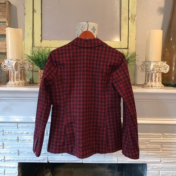 Eddie Bauer Red Black Wool Plaid Women’s Blazer Pockets Double Button Closure 6 - Picture 9 of 9